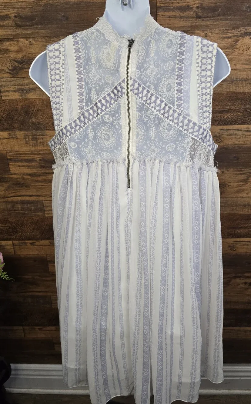 Free People✨️Ivory Lace-Trim Sleeveless Boho Dress with Gray Stripes-Size: M